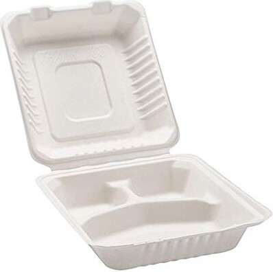 Compostable Hinged Bagasse Containers, 3 Sections #GL006015000